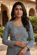 Thumbnail for Anaita Blue Silk Suit with Embroidery & Khatli Work - Dista