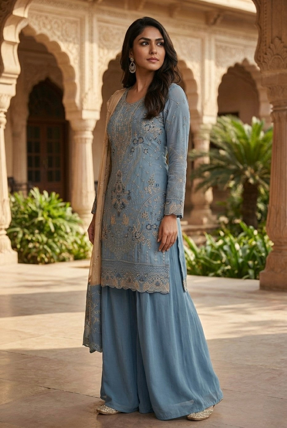 Anaita Blue Silk Suit with Embroidery & Khatli Work - Dista