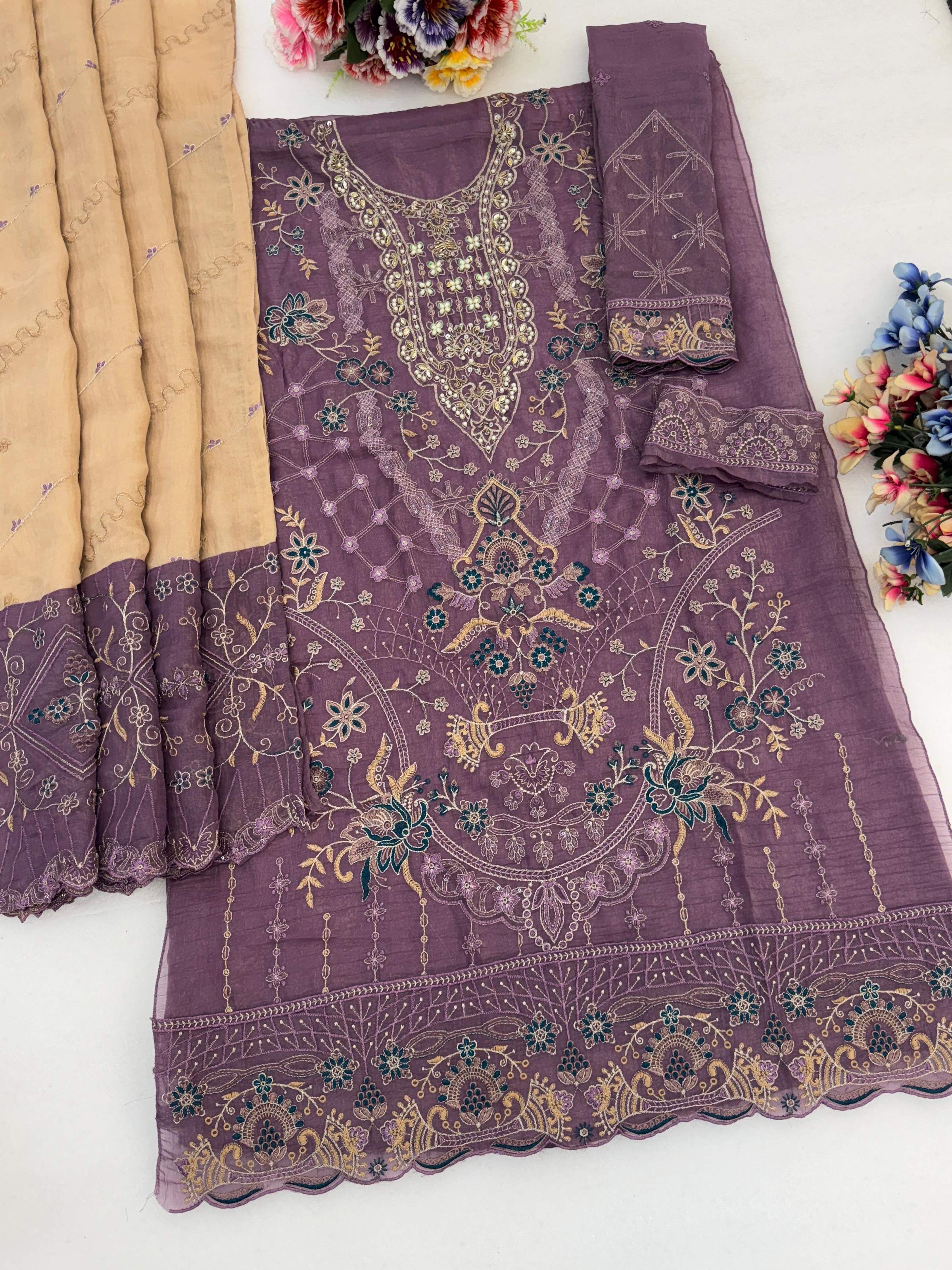 Anaita Purple Silk Suit With Embroidery & Sequence Work - Dista