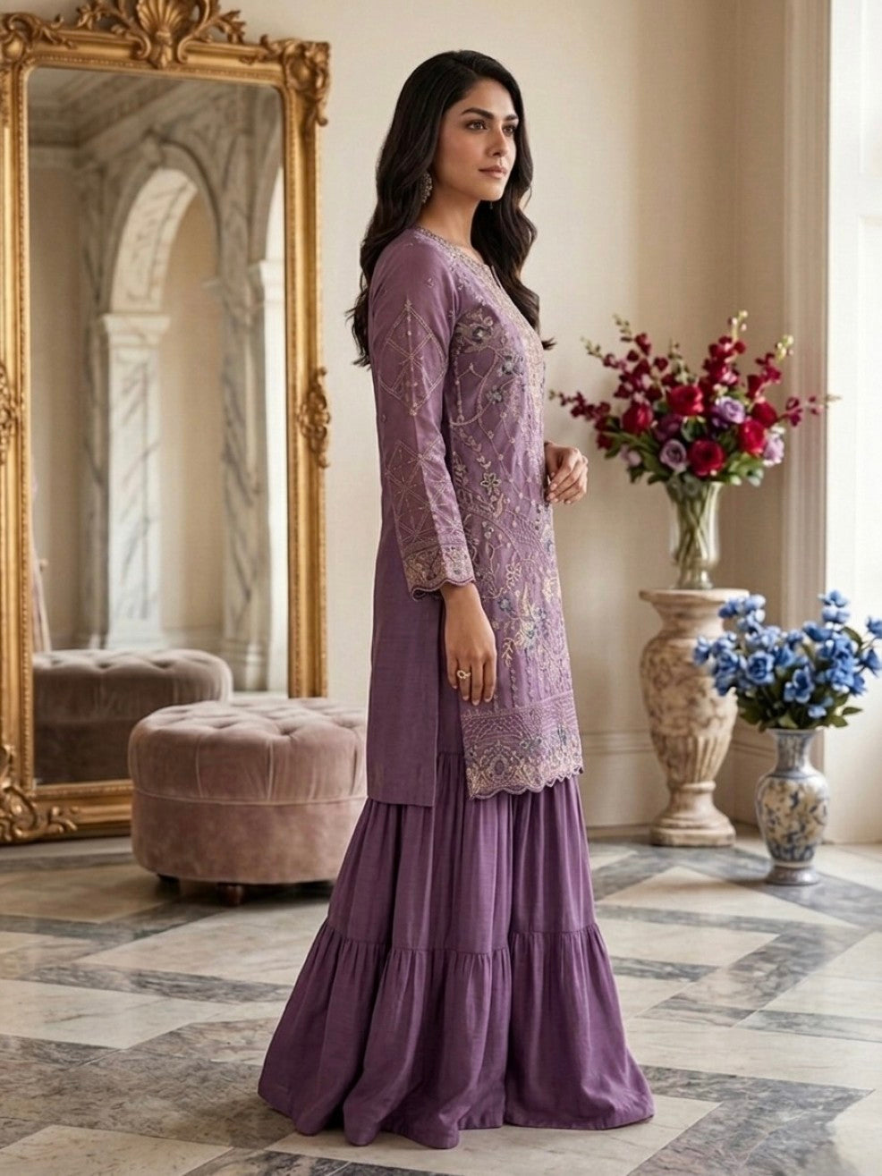 Anaita Purple Silk Suit with Embroidery & Khatli Work - Dista