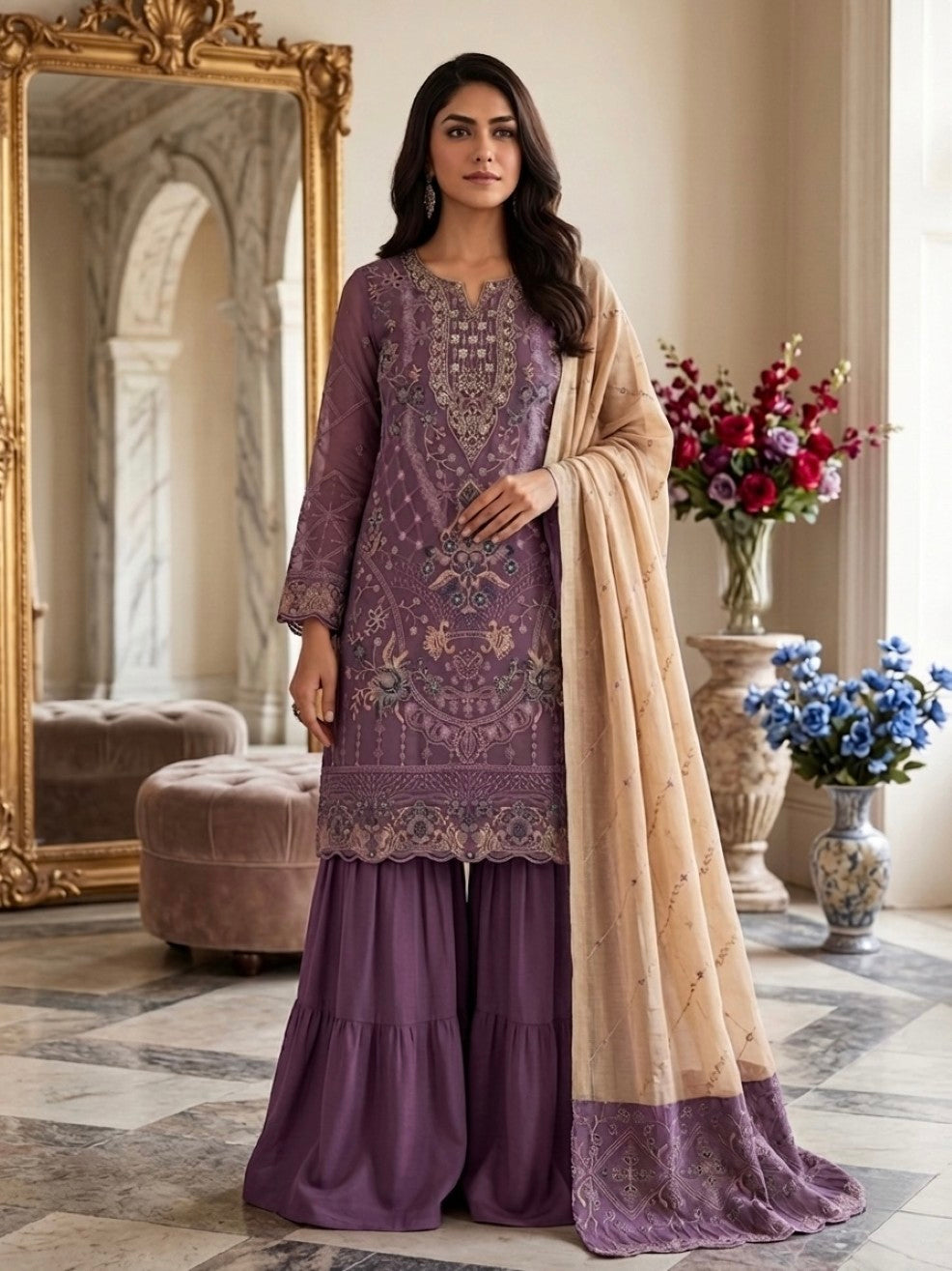 Anaita Purple Silk Suit with Embroidery & Khatli Work - Dista