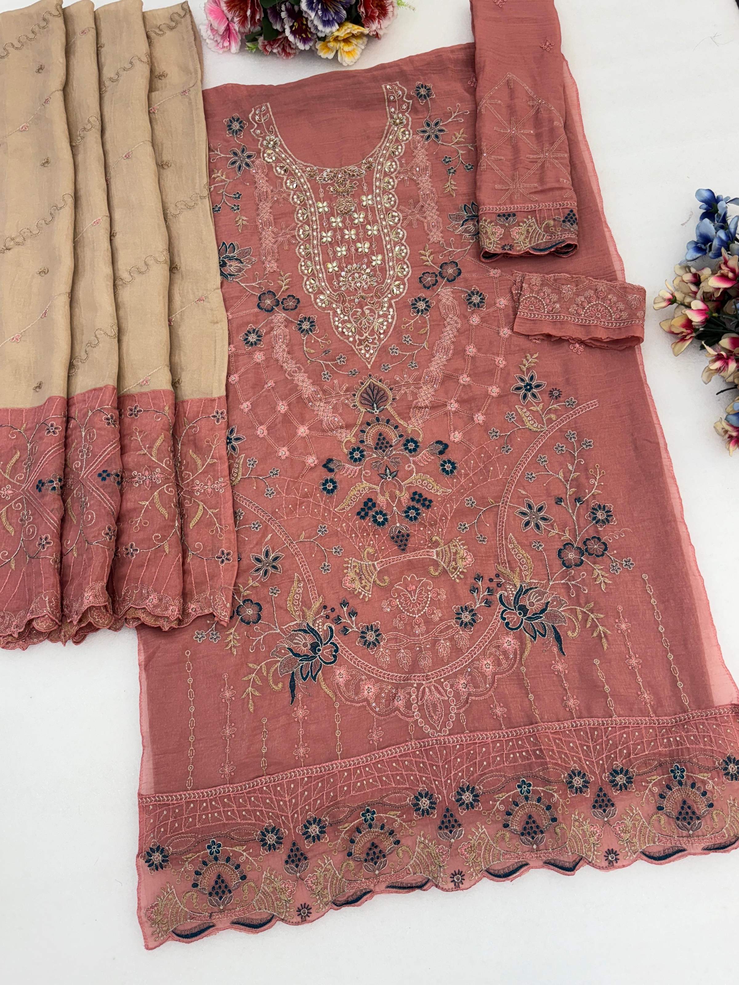 Anaita Peach Silk Suit With Embroidery & Sequence Work - Dista