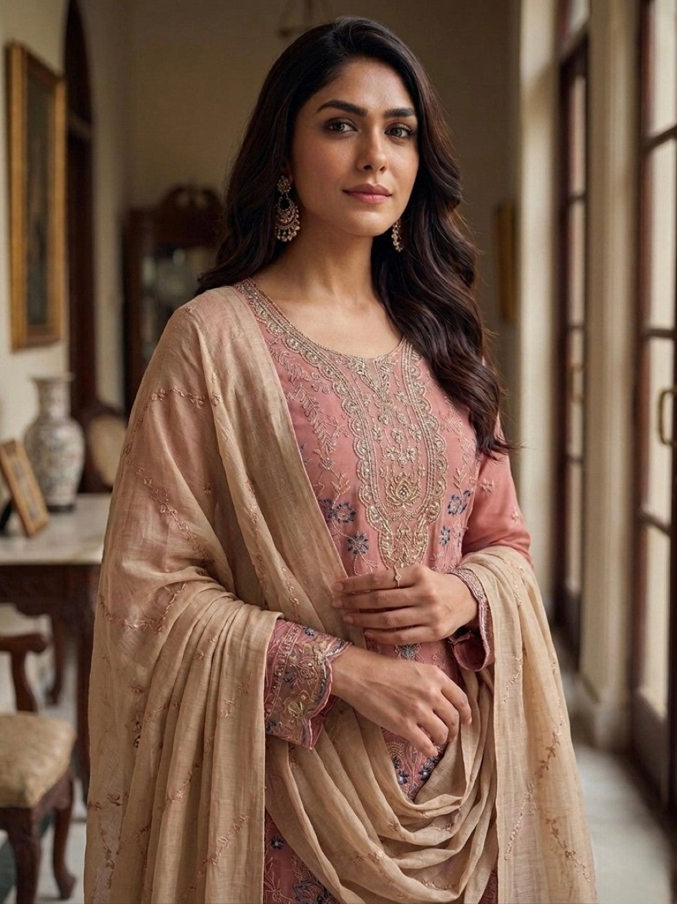 Anaita Peach Silk Suit with Embroidery & Khatli Work - Dista