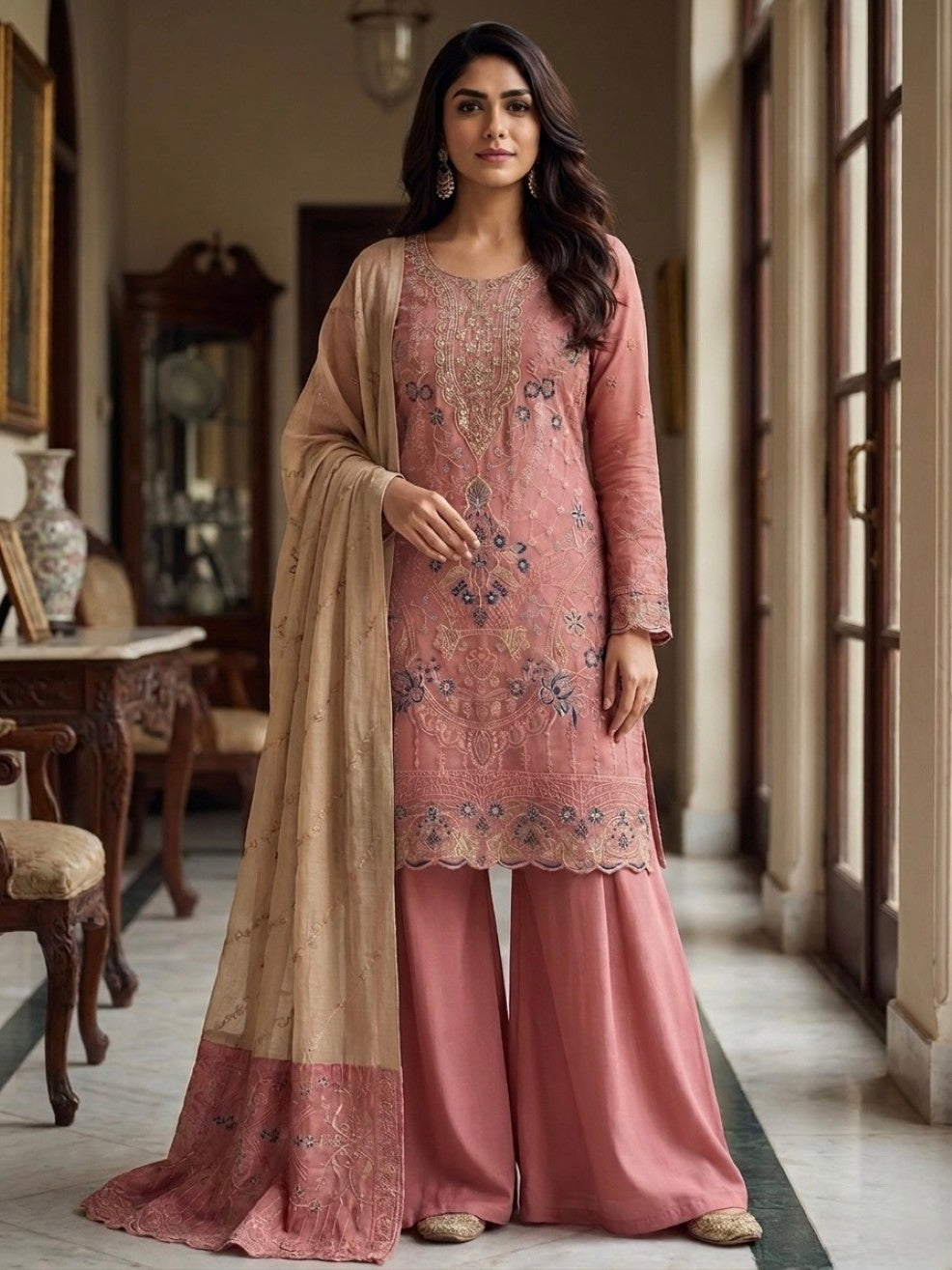 Anaita Peach Silk Suit with Embroidery & Khatli Work - Dista