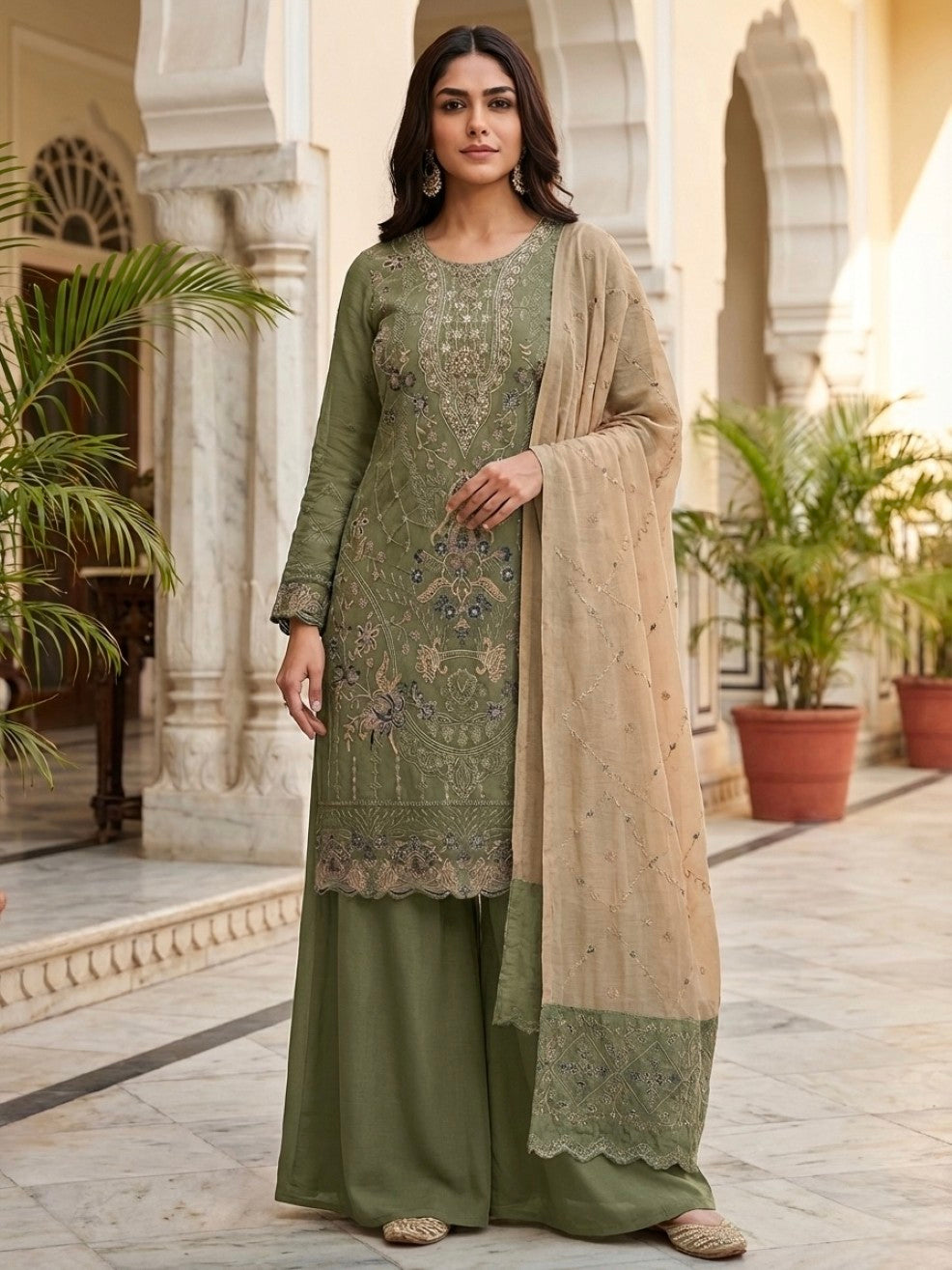 Anaita Mehendi Silk Suit with Embroidery & Khatli Work - Dista
