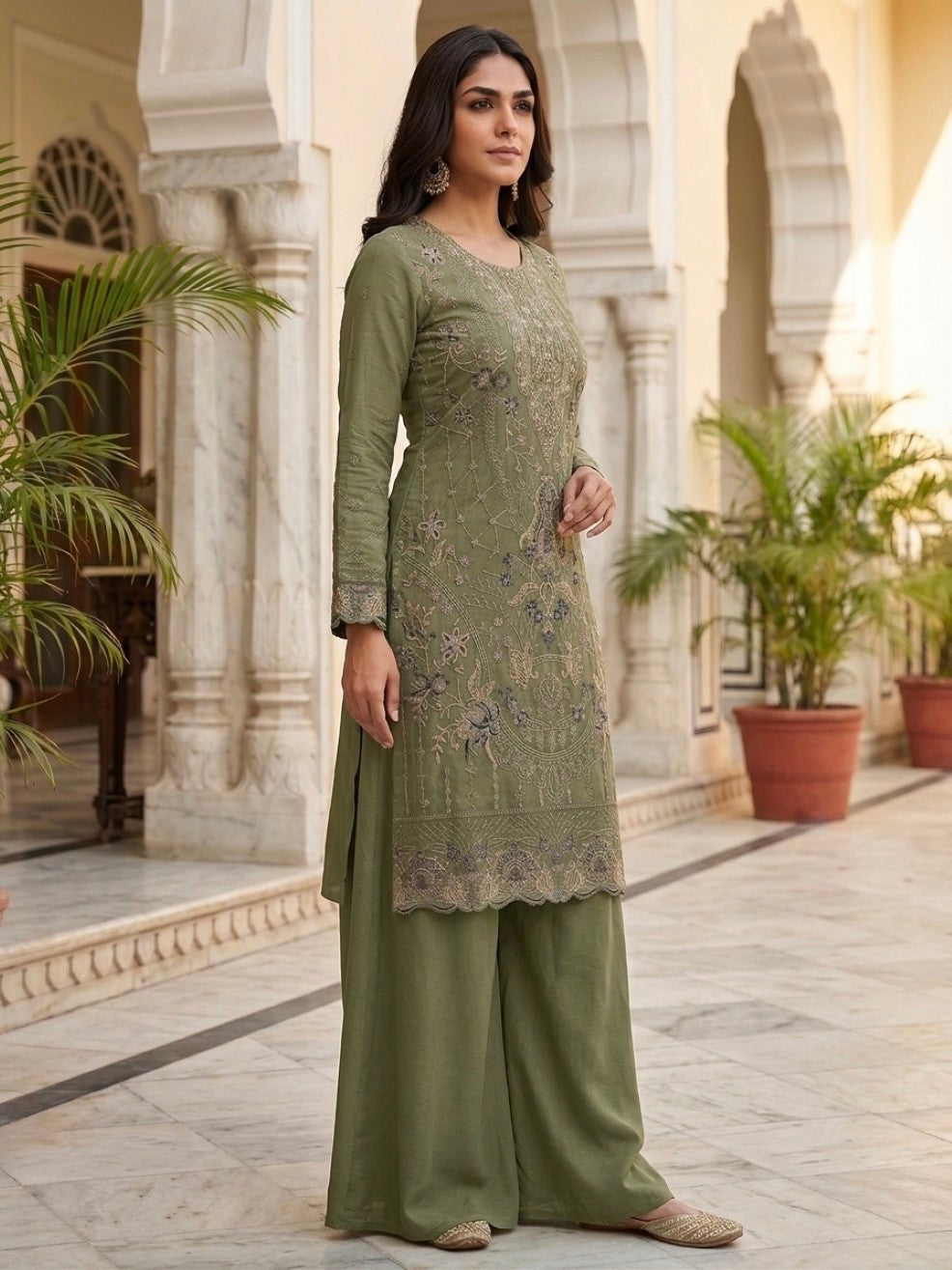 Anaita Mehendi Silk Suit with Embroidery & Khatli Work - Dista
