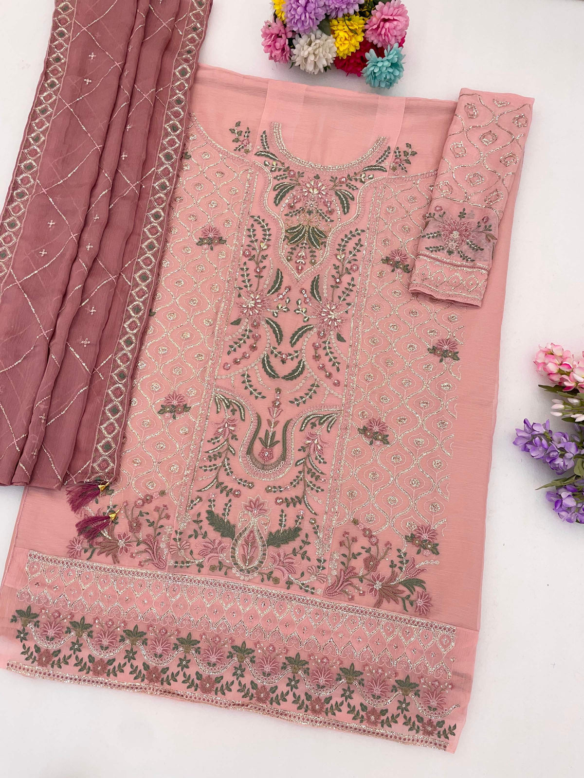 Anaita Peach Chiffon Semi Stitched Suit with Embroidery & Sequence Work - Dista