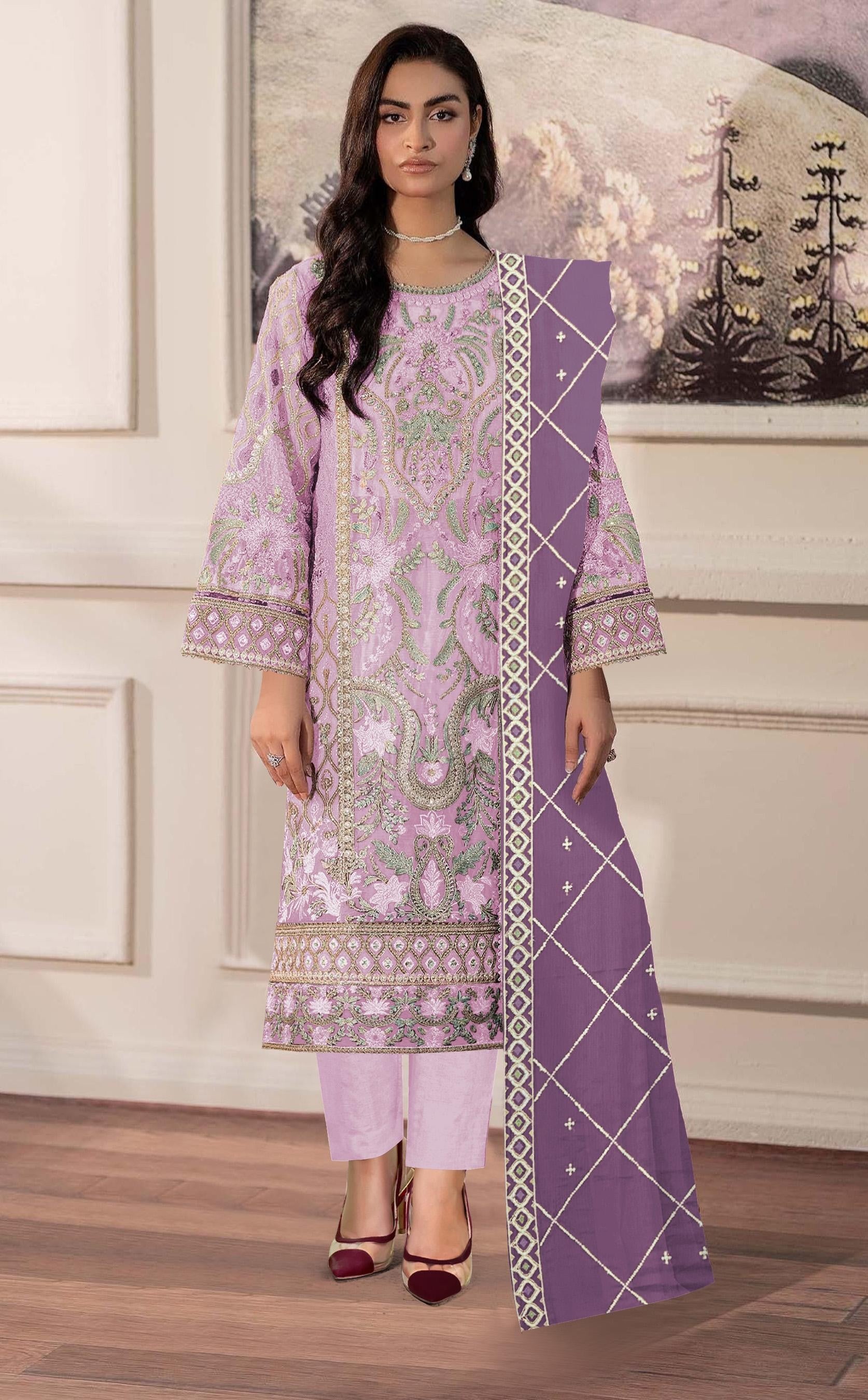 Anaita Lavender Chiffon Semi Stitched Suit with Embroidery & Sequence Work - Dista