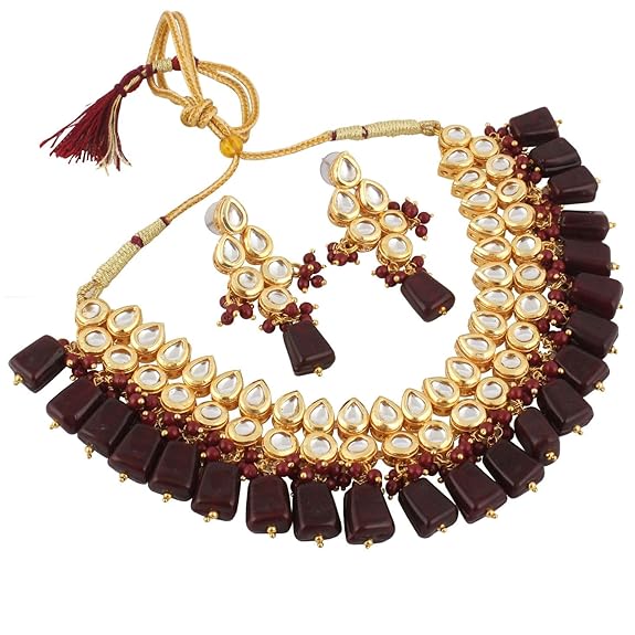 Tehzeeb Creations Back Meenakari Gold-Polished Tika Earring Combo Uncut Big Faux Kundan Choker Necklace set - Distacart