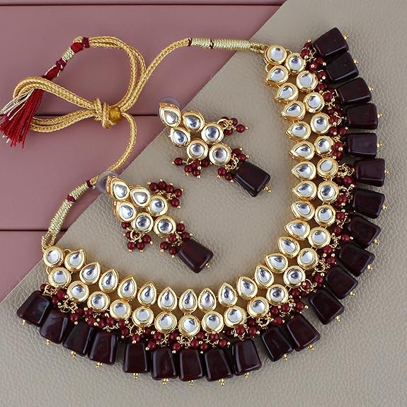 Tehzeeb Creations Back Meenakari Gold-Polished Tika Earring Combo Uncut Big Faux Kundan Choker Necklace set - Distacart