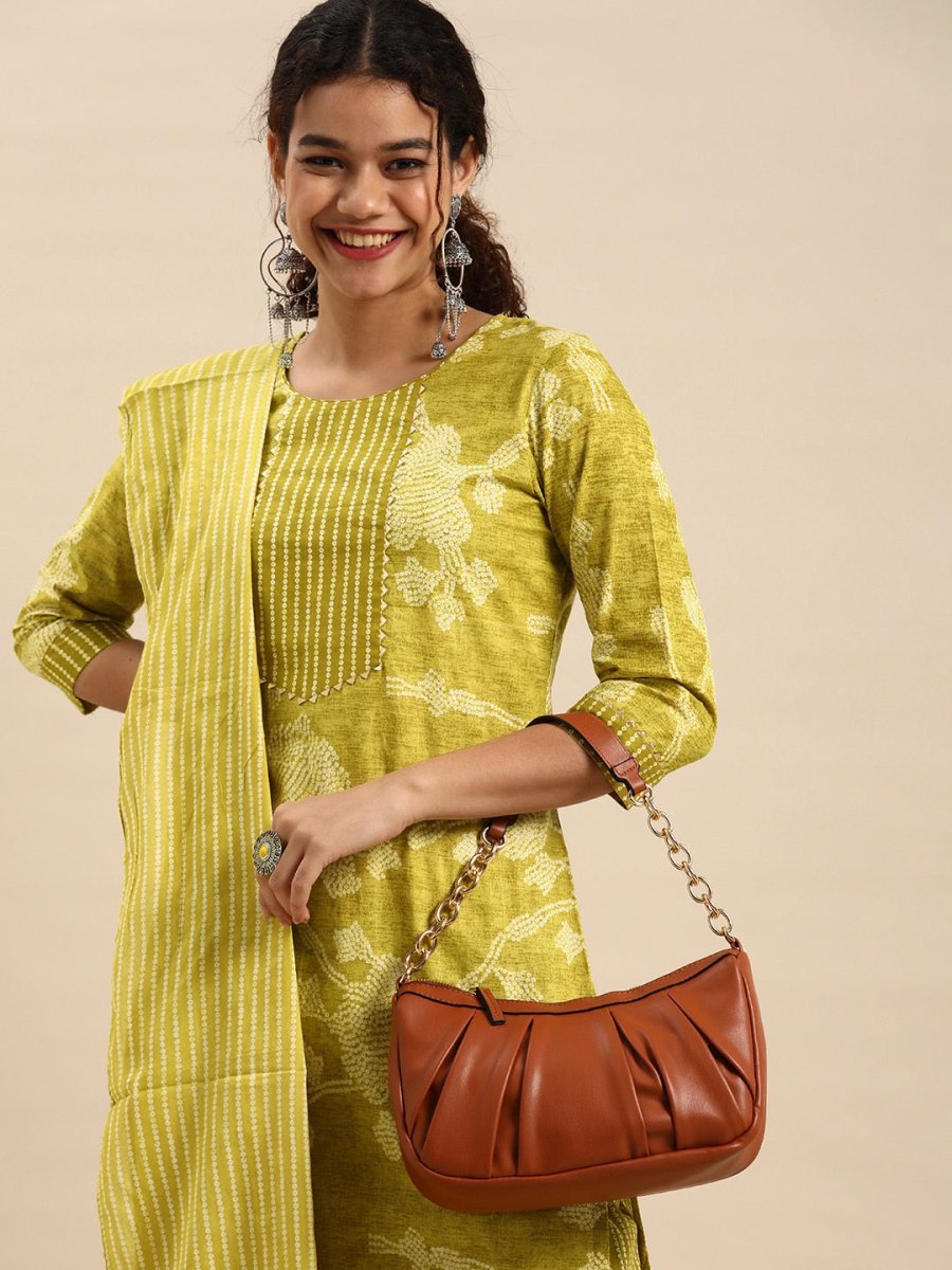 Anouk Women Lime Green Pure Cotton Printed Gotta Patti Kurta with Palazzos & Dupatta - Distacart