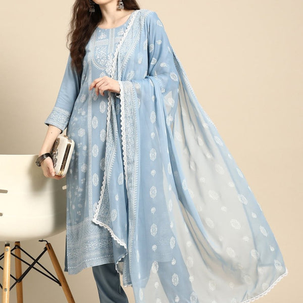 Anouk Floral Foil Printed Regular Kurta With Trousers & Dupatta - Distacart