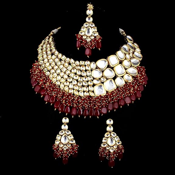 Tehzeeb Creations Meenakari Gold-Polished Maroon color Uncut dibbi Kundan Combo Necklace Set - Distacart
