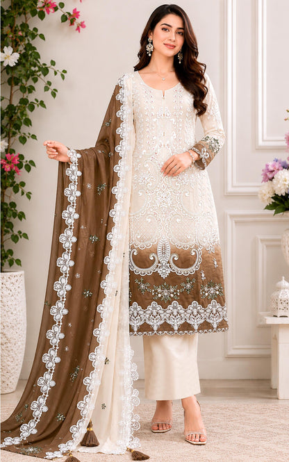 Anaita Brown&White Georgette Semi Stitched Suit with Embroidery & Sequence Work - Dista