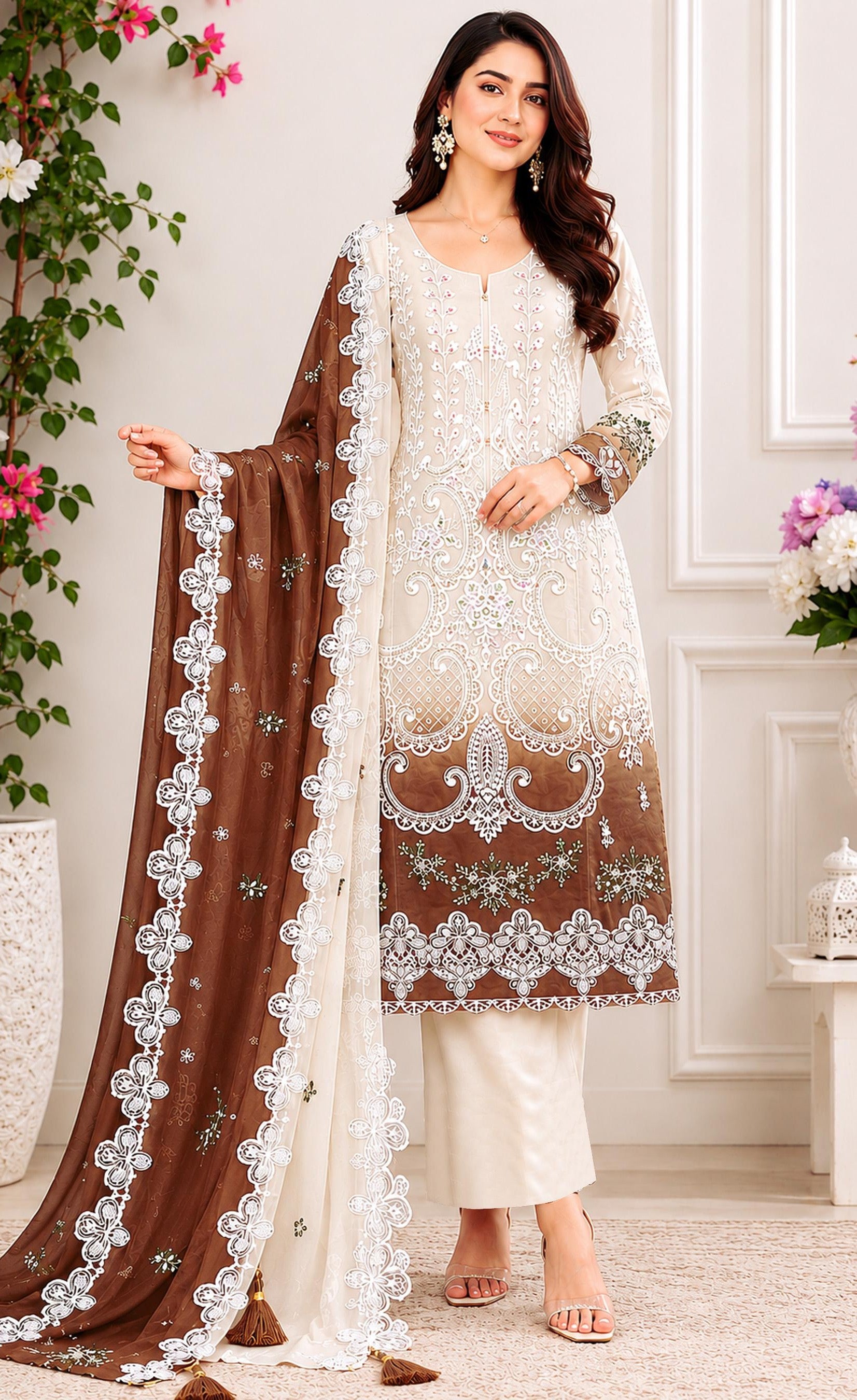 Anaita Maroon&White Georgette Semi Stitched Suit with Embroidery & Sequence Work - Dista