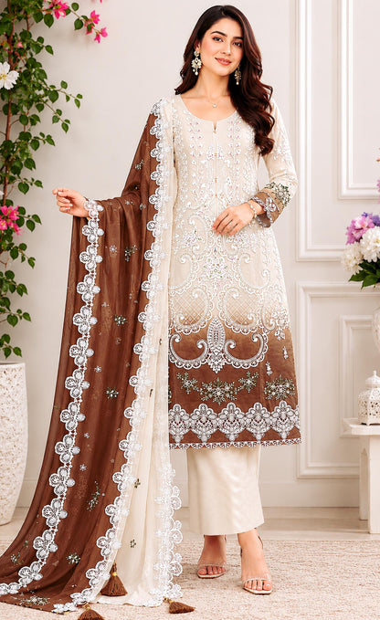 Anaita Maroon&White Georgette Semi Stitched Suit with Embroidery & Sequence Work - Dista