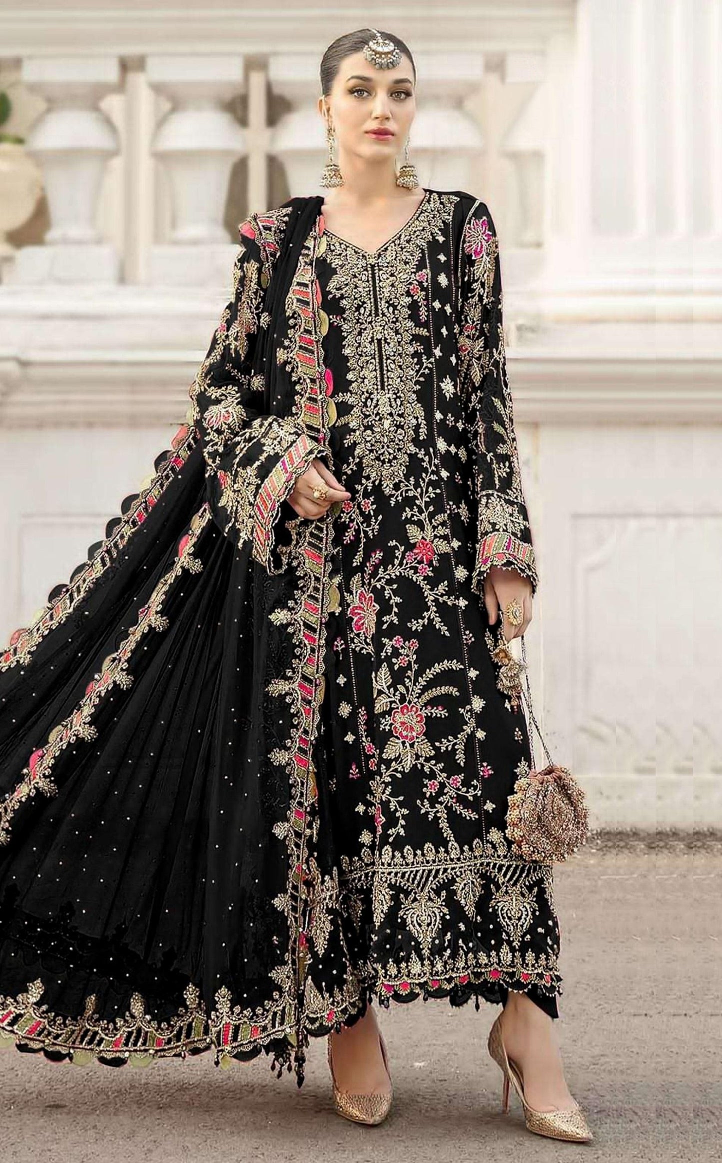 Anaita Black Chiffon Semi Stitched Suit with Embroidery & Sequence Work - Dista