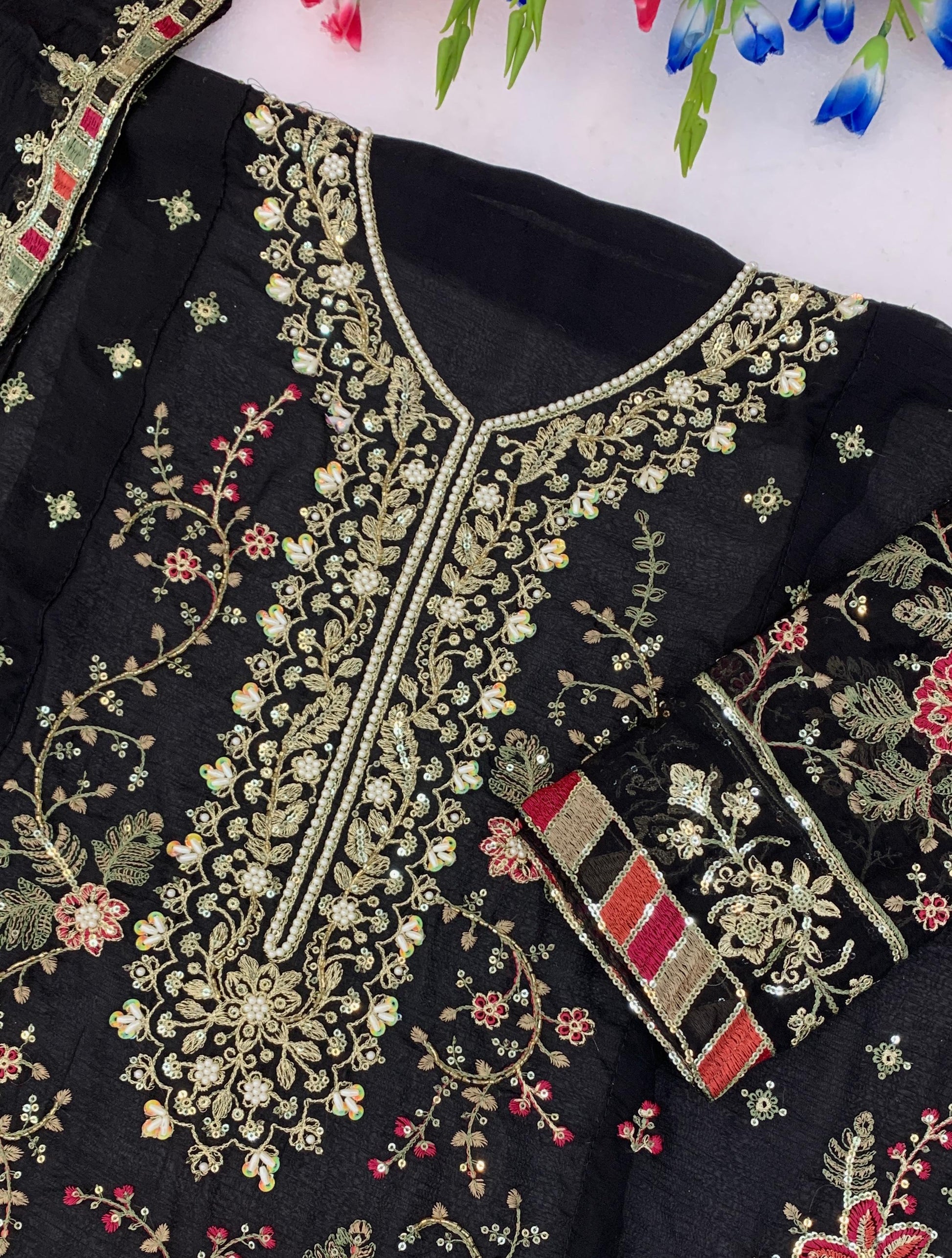 Anaita Black Chiffon Semi Stitched Suit with Embroidery & Sequence Work - Dista