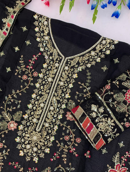 Anaita Black Chiffon Semi Stitched Suit with Embroidery & Sequence Work - Dista