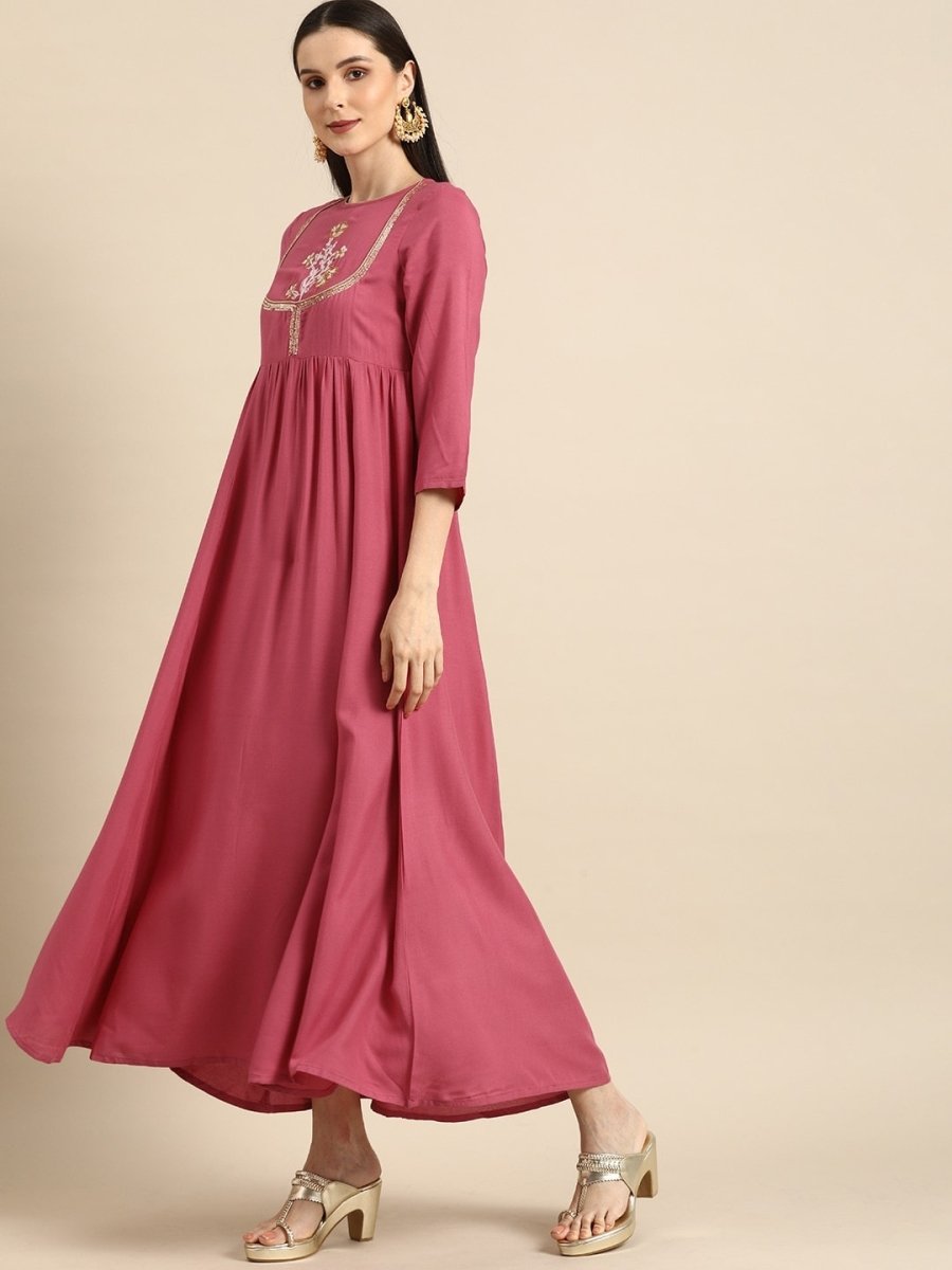 All About You Women Rust Pink Ethnic Motifs Yoke Design Thread Work Kurta with Dupatta - Distacart
