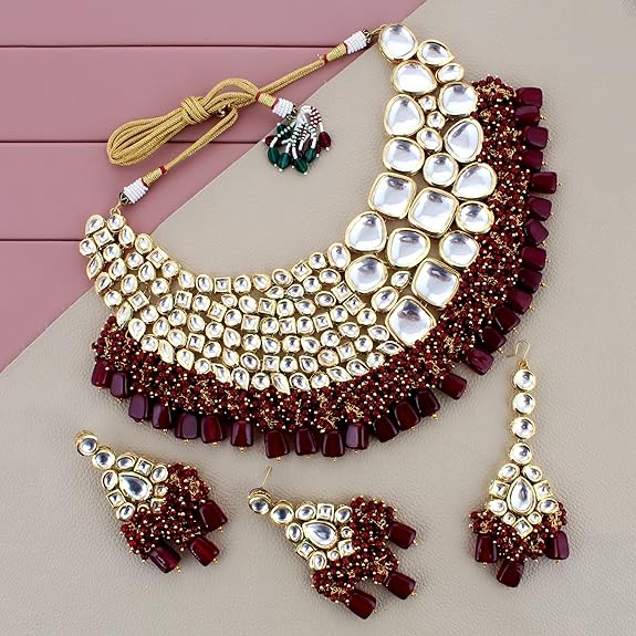 Tehzeeb Creations Meenakari Gold-Polished Maroon color Uncut dibbi Kundan Combo Necklace Set - Distacart