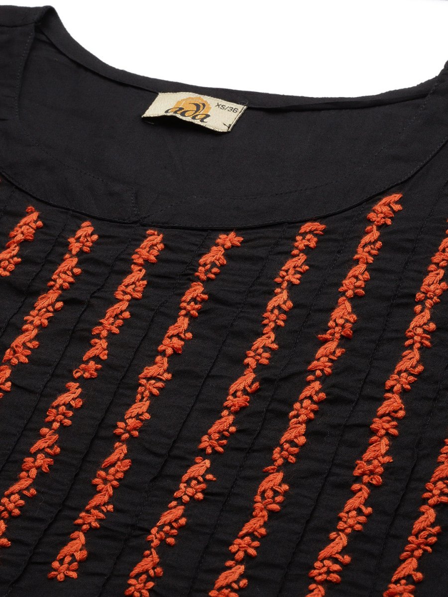 ADA Women Black & Orange Ethnic Motifs Embroidered Chikankari Kurta - Distacart