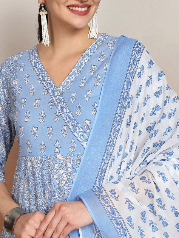 Vishudh Women Floral Printed Angrakha Pure Cotton Kurta with Palazzos & With Dupatta - Distacart