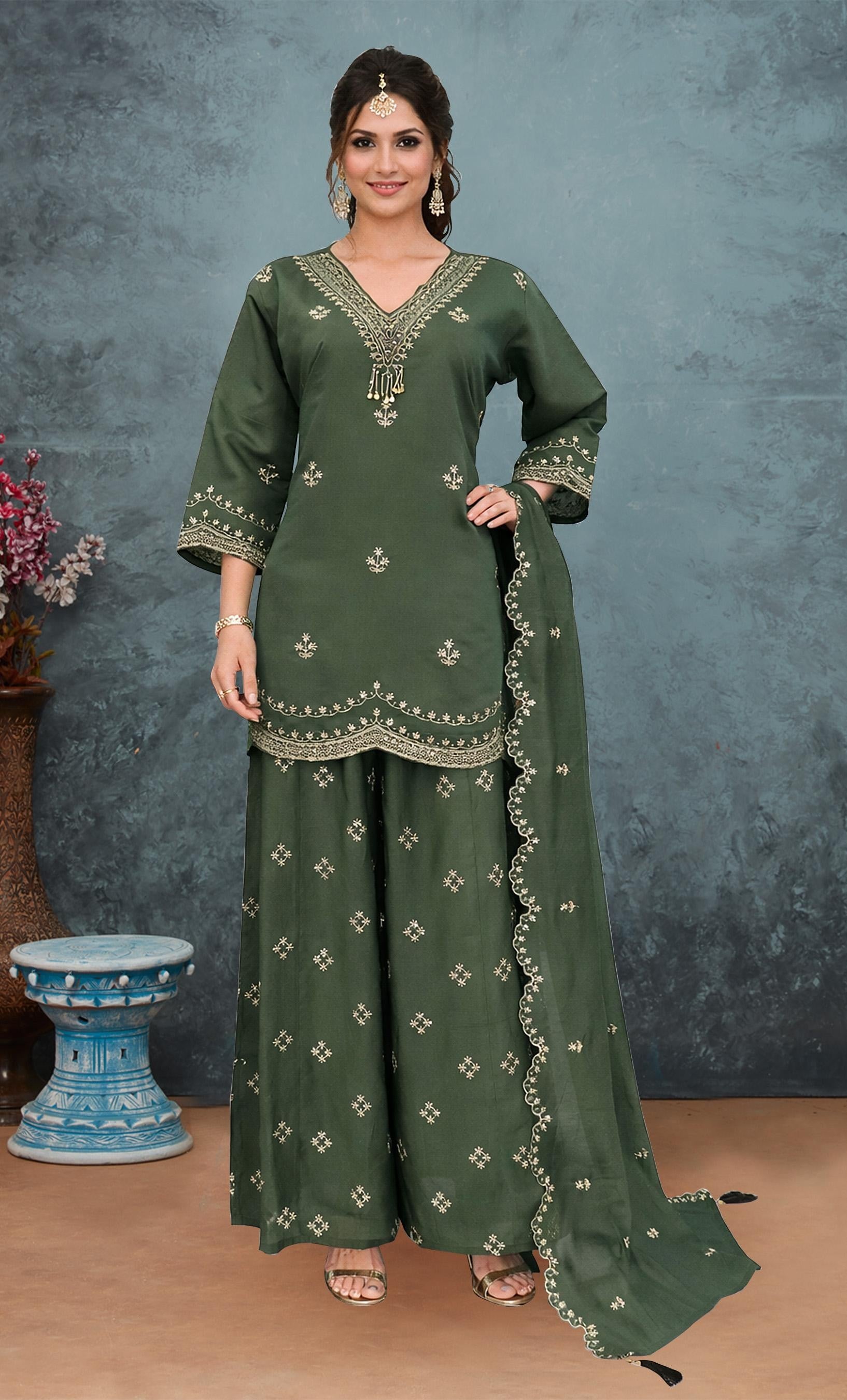 Anaita Green Roman Silk Stitched Plazzo Suit with Embroidery & Sequence Work - Distacart