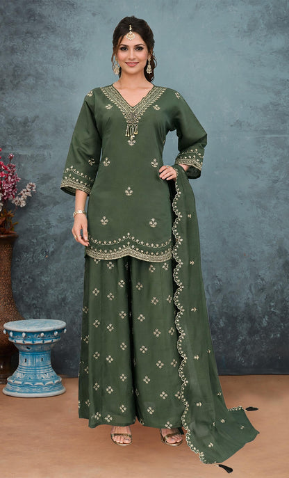 Anaita Green Roman Silk Stitched Plazzo Suit with Embroidery & Sequence Work - Distacart