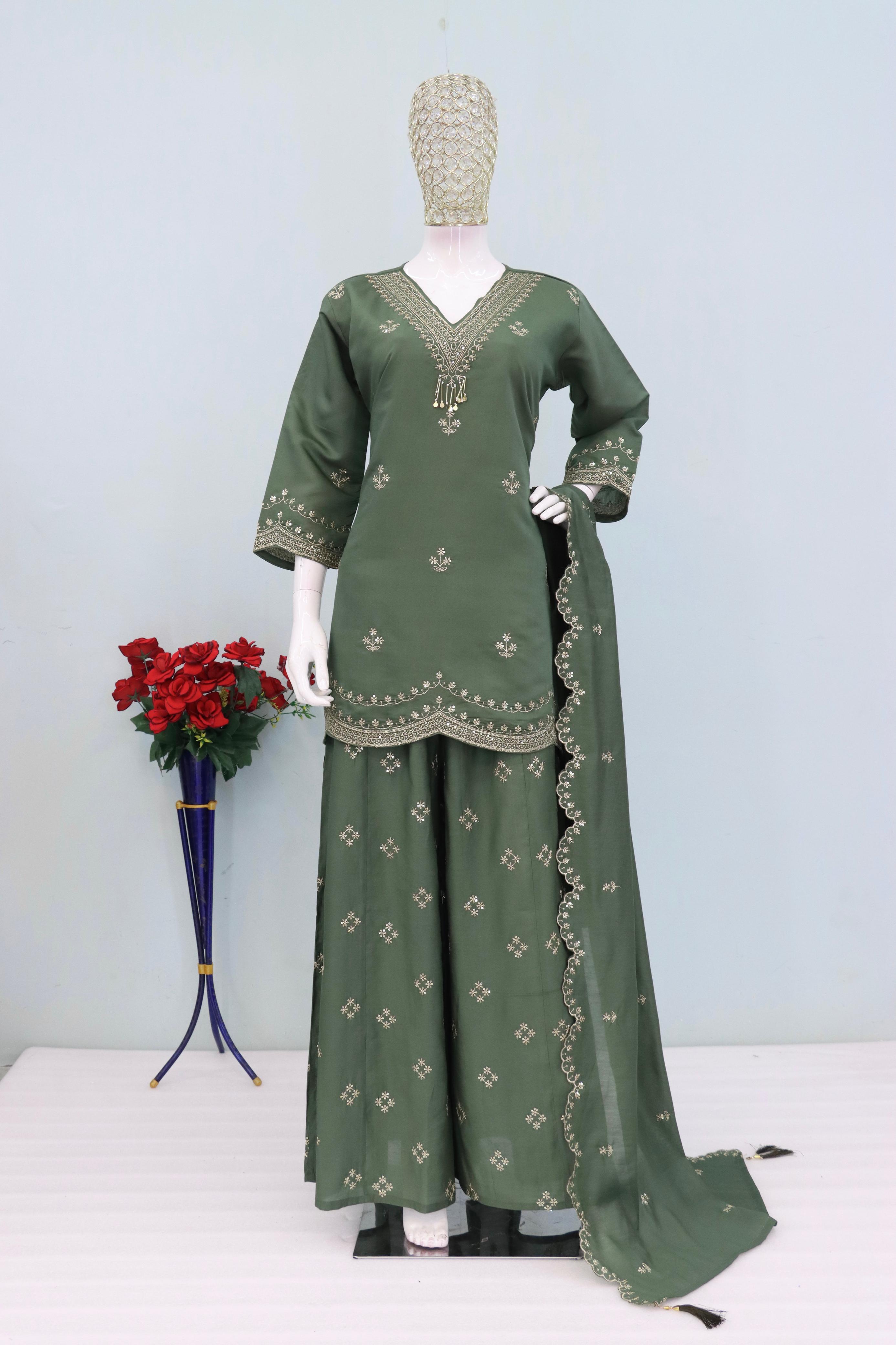 Anaita Green Roman Silk Stitched Plazzo Suit with Embroidery & Sequence Work - Distacart