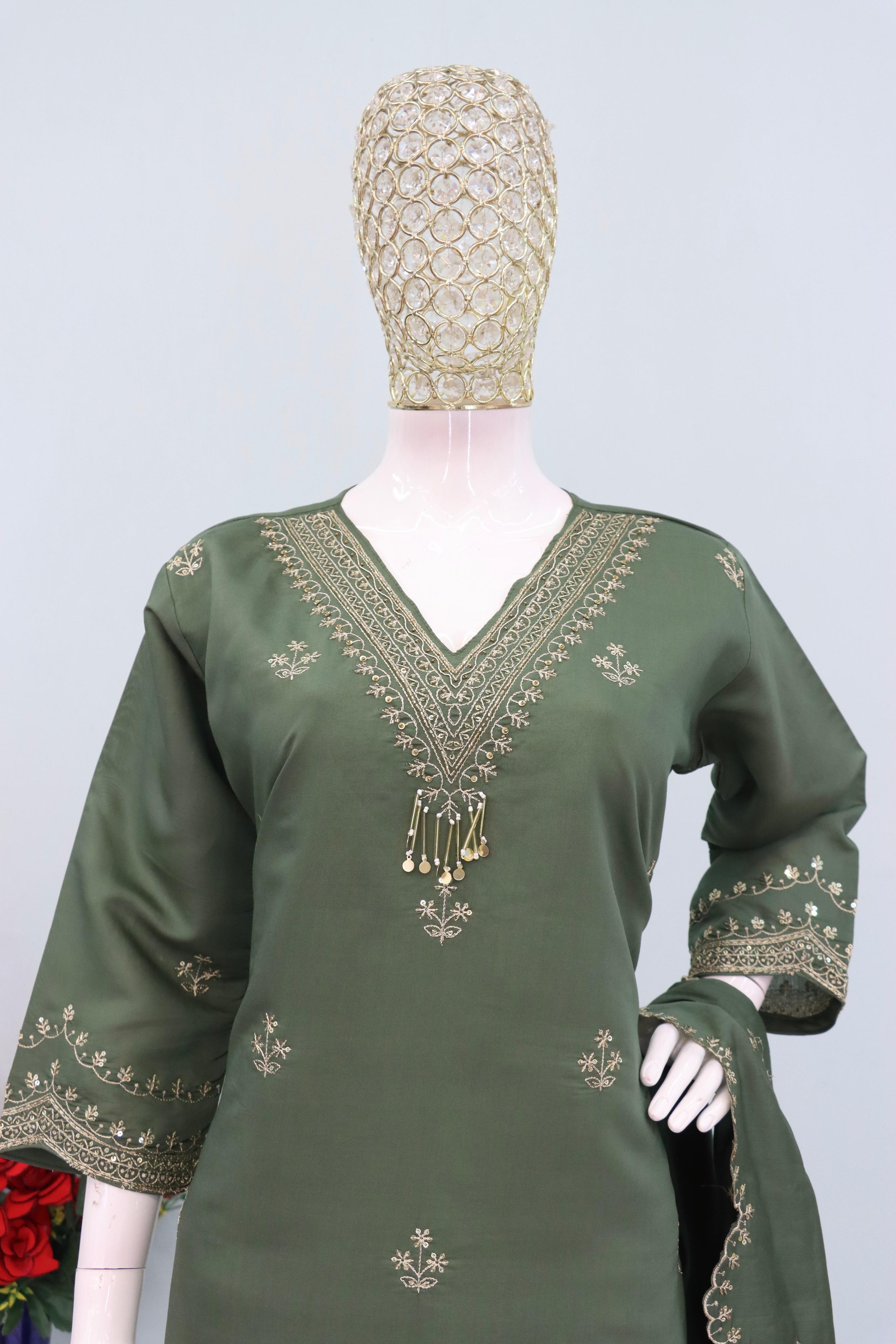 Anaita Green Roman Silk Stitched Plazzo Suit with Embroidery & Sequence Work - Distacart