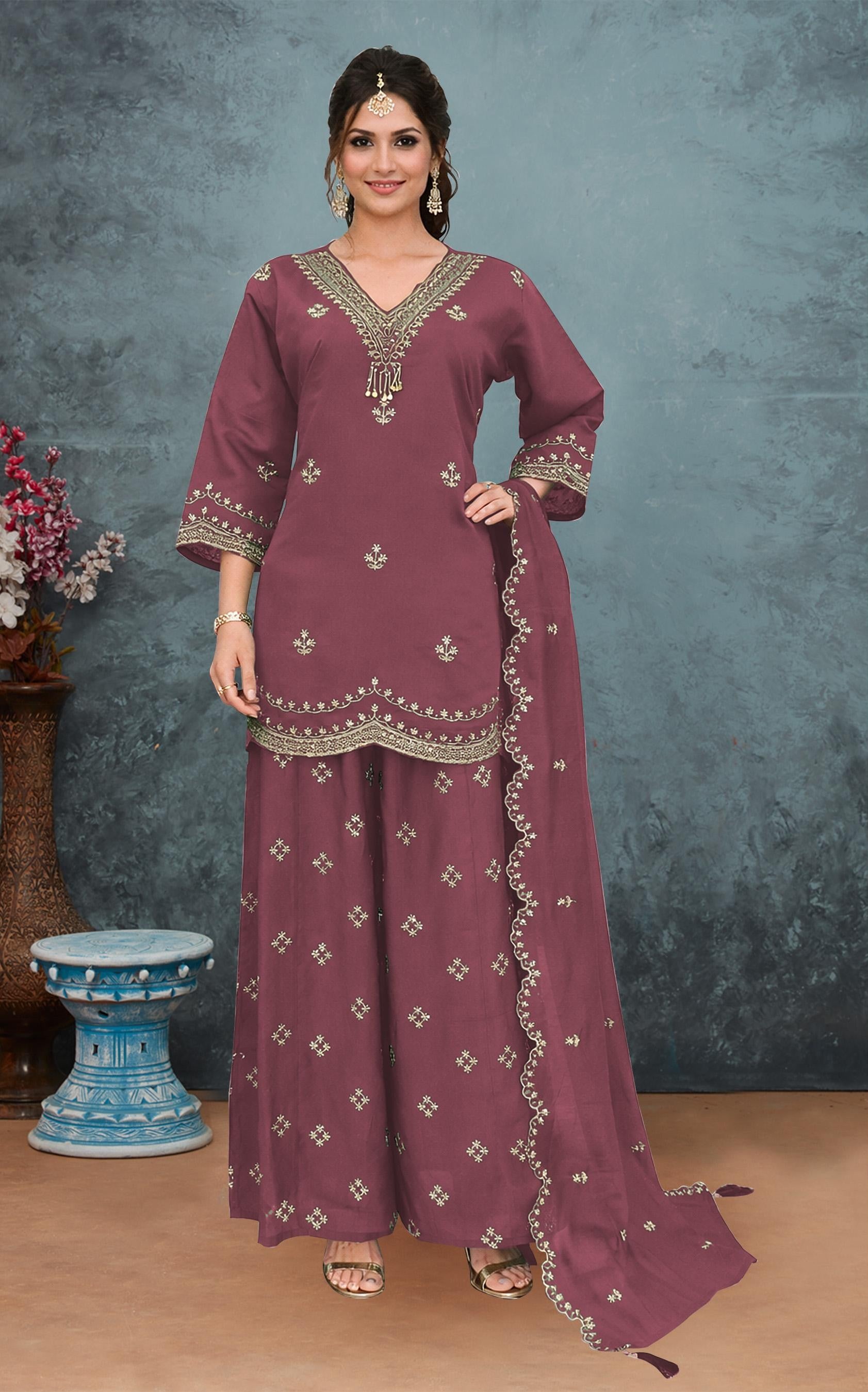 Anaita Purple Roman Silk Stitched Plazzo Suit with Embroidery & Sequence Work - Distacart