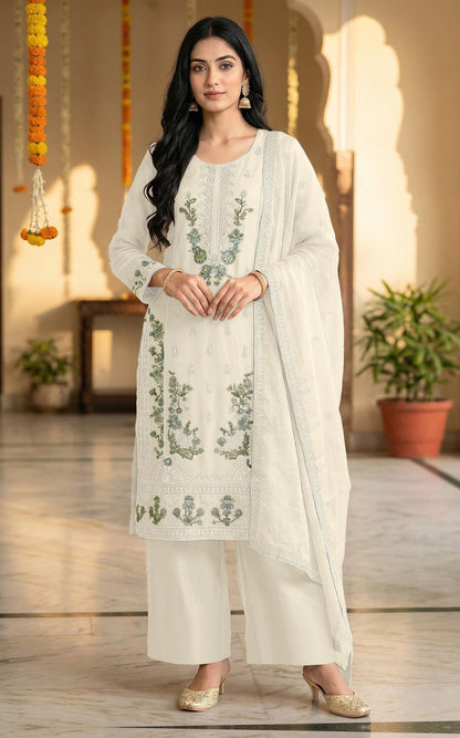 Anaita White Chiffon Semi Stitched Suit with Embroidery & Sequence Work - Dista