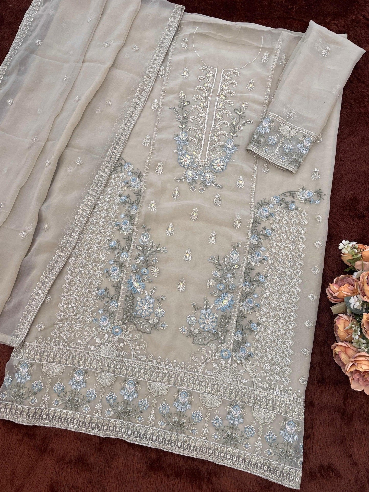 Anaita Grey Chiffon Semi Stitched Suit with Embroidery & Sequence Work - Dista