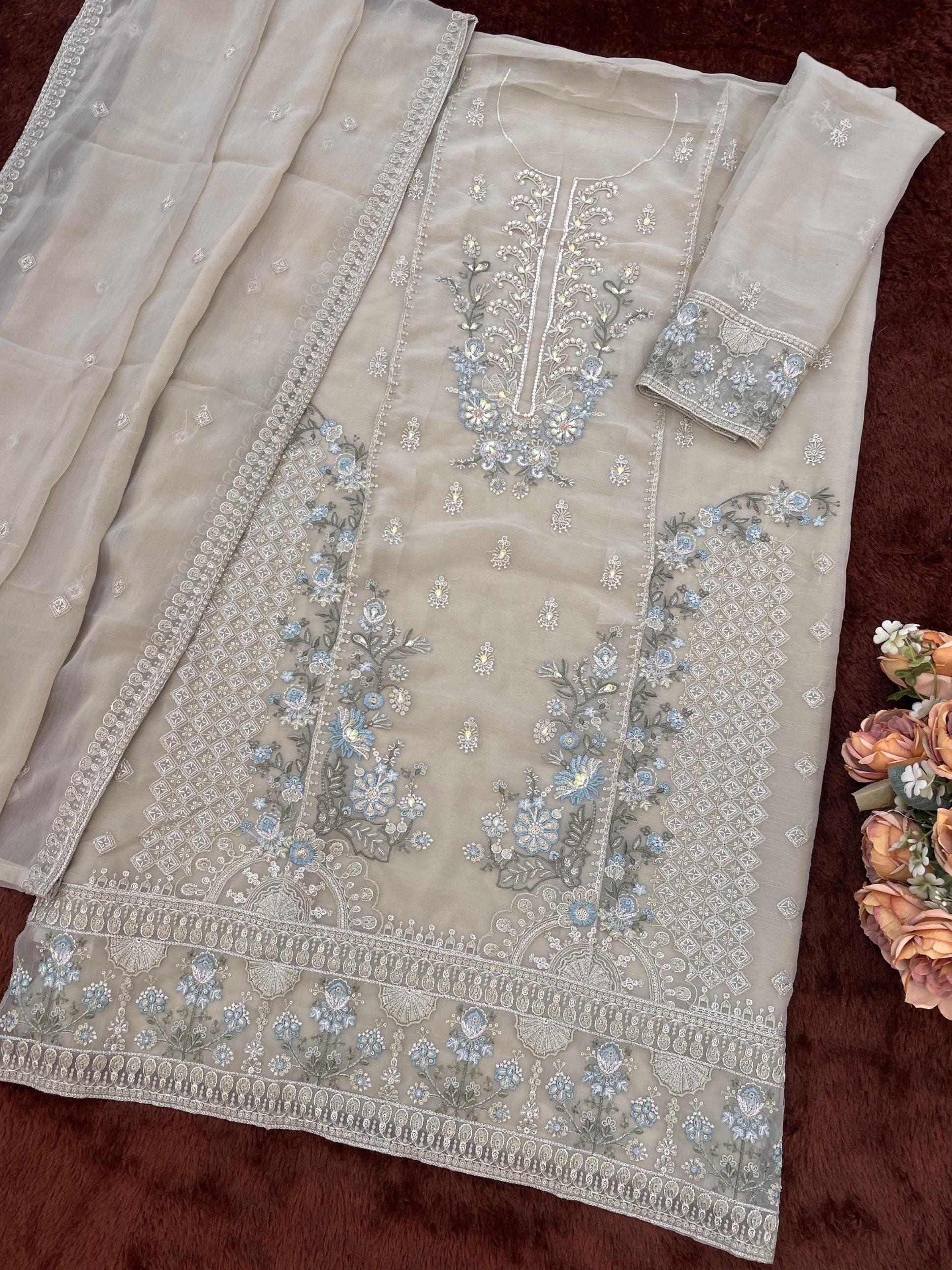 Anaita Grey Chiffon Semi Stitched Suit with Embroidery & Sequence Work - Dista
