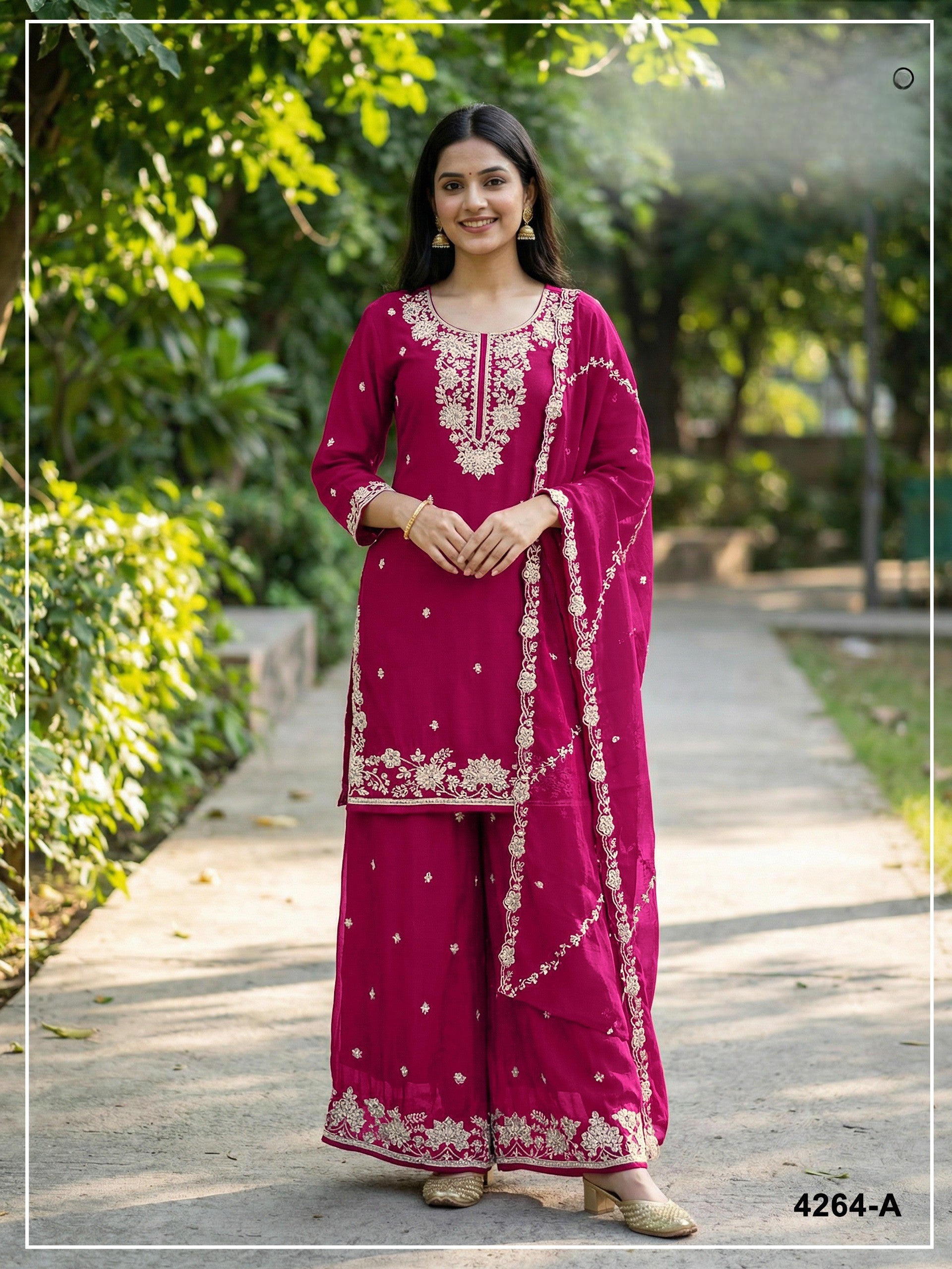 Anaita Red Chinon Stitched Plazzo Suit with Embroidered & Bearts Work - Distacart