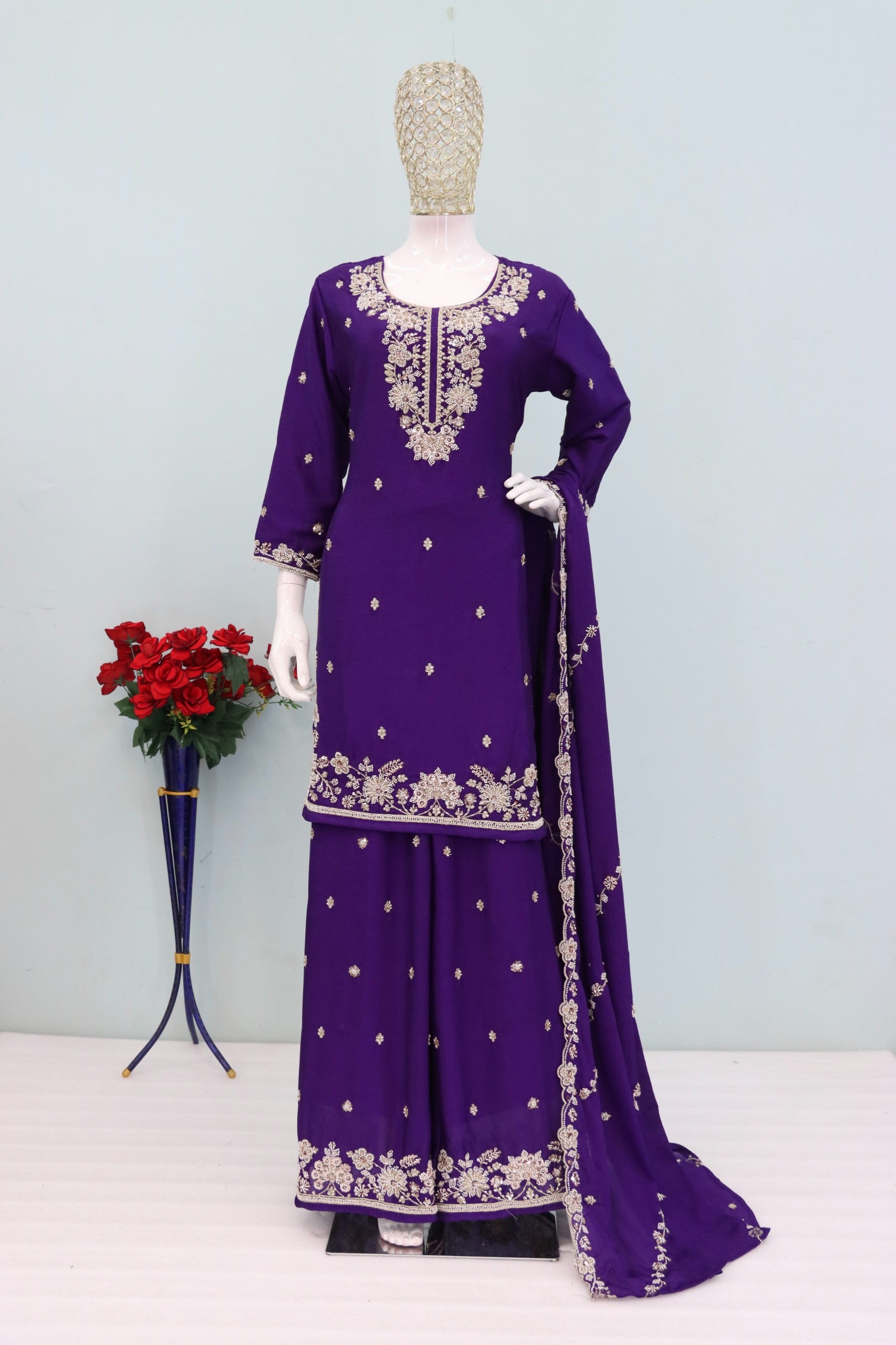 Anaita Violet Chinon Stitched Plazzo Suit with Embroidered & Bearts Work - Distacart