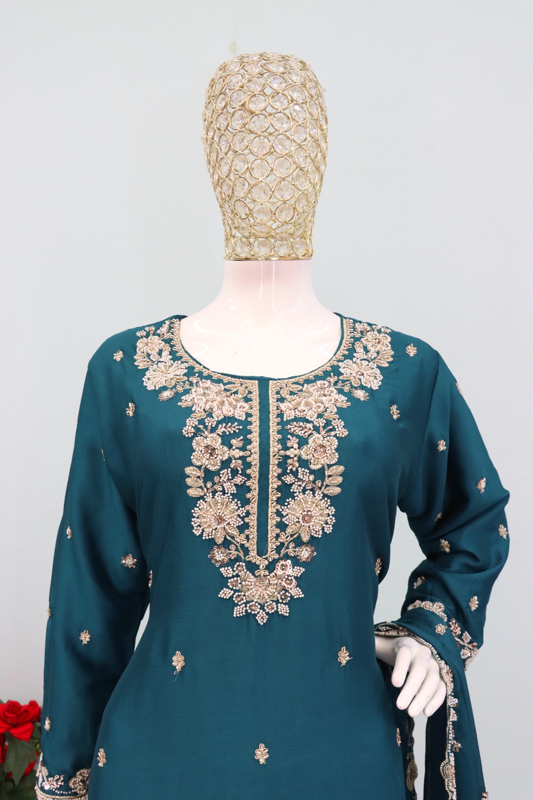 Anaita Teal Chinon Stitched Plazzo Suit with Embroidered & Bearts Work - Distacart