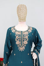 Thumbnail for Anaita Teal Chinon Stitched Plazzo Suit with Embroidered & Bearts Work - Distacart
