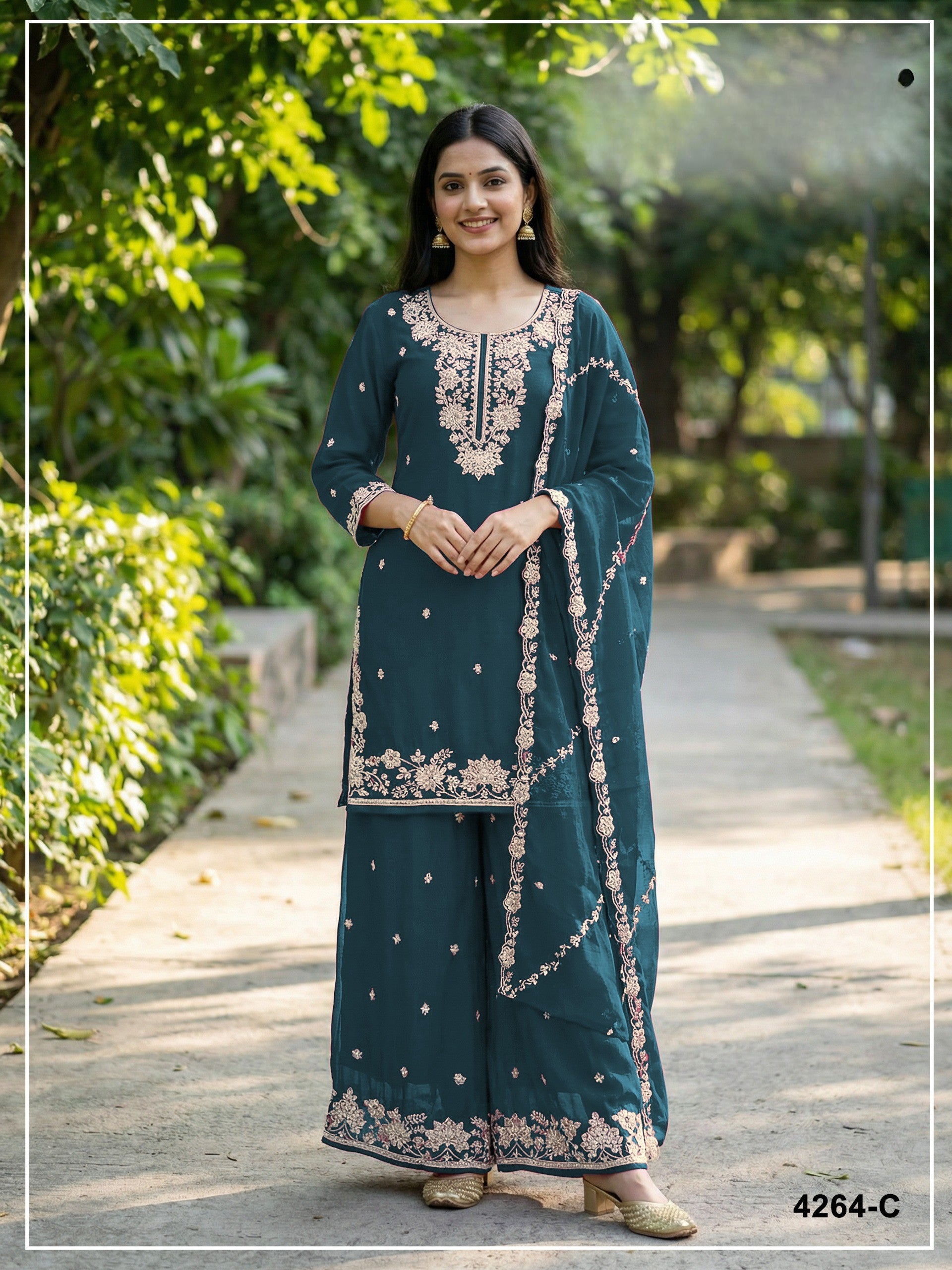 Anaita Teal Chinon Stitched Plazzo Suit with Embroidered & Bearts Work - Distacart