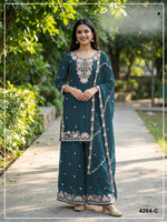 Thumbnail for Anaita Teal Chinon Stitched Plazzo Suit with Embroidered & Bearts Work - Distacart