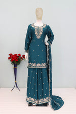 Thumbnail for Anaita Teal Chinon Stitched Plazzo Suit with Embroidered & Bearts Work - Distacart