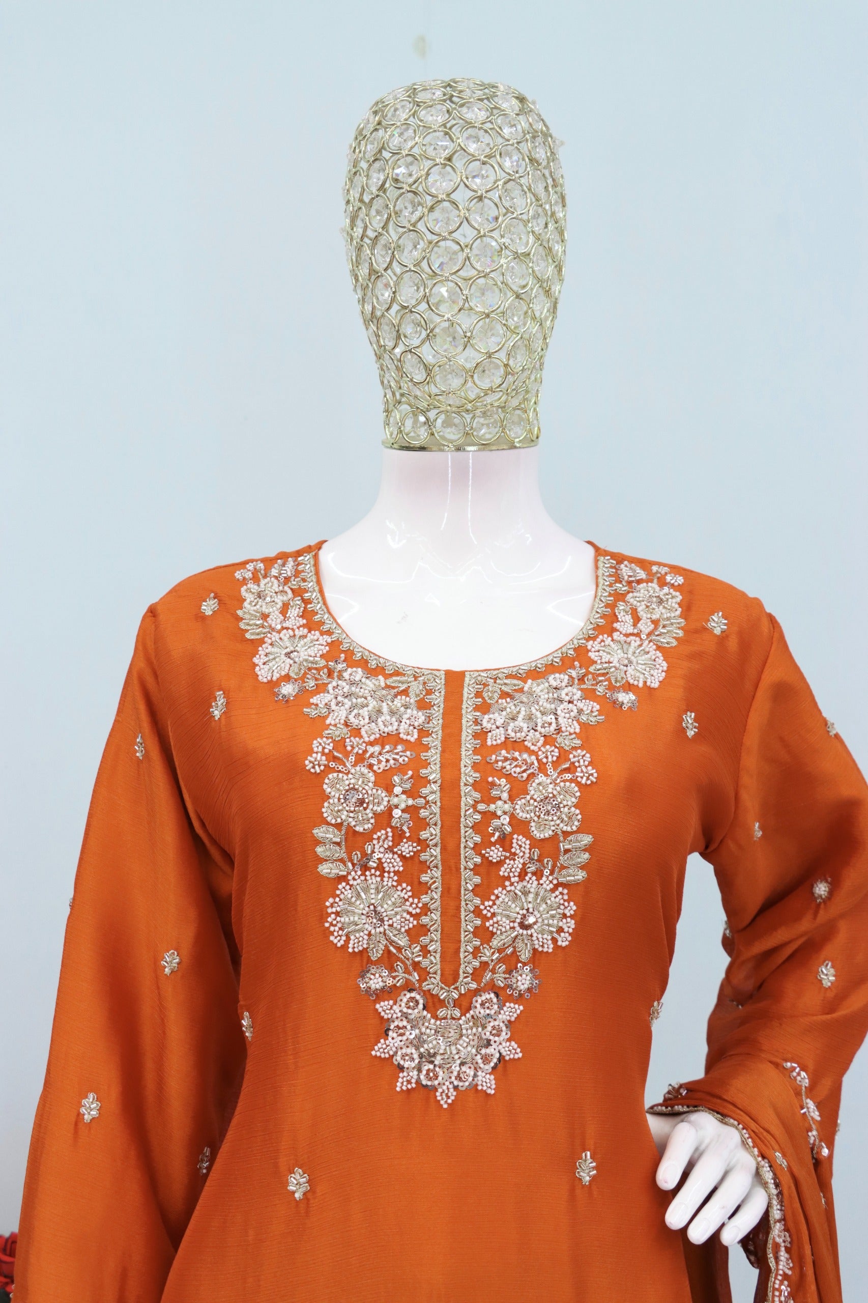 Anaita Orange Chinon Stitched Plazzo Suit with Embroidered & Bearts Work - Distacart