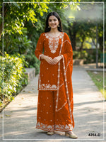 Thumbnail for Anaita Orange Chinon Stitched Plazzo Suit with Embroidered & Bearts Work - Distacart
