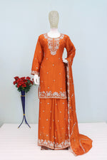Thumbnail for Anaita Orange Chinon Stitched Plazzo Suit with Embroidered & Bearts Work - Distacart