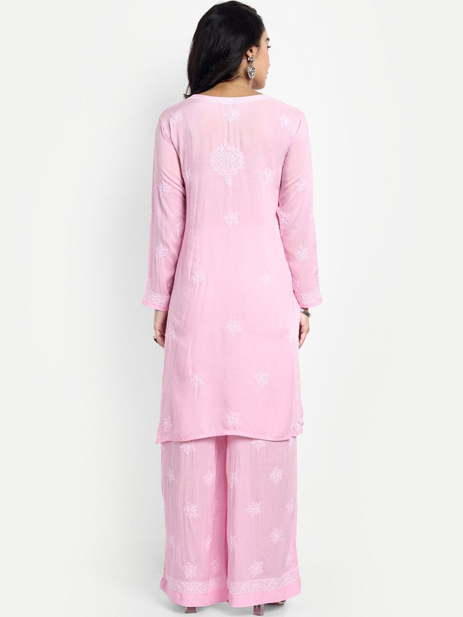 ADA Floral Embroidered Round Neck Long Sleeve Regular Chikankari Kurta With Palazzos - Distacart