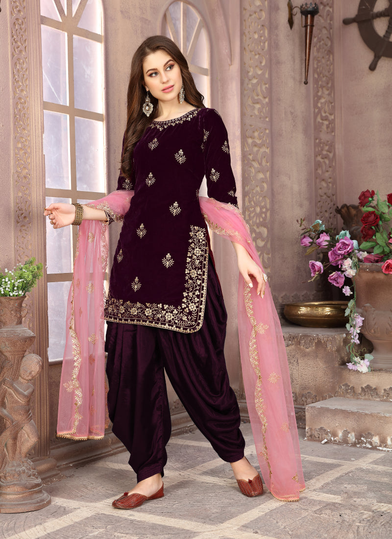 Monjolika Fashion Stunning Wine Color Velvet Embroidery Patiala Suit