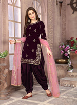 Thumbnail for Monjolika Fashion Stunning Wine Color Velvet Embroidery Patiala Suit