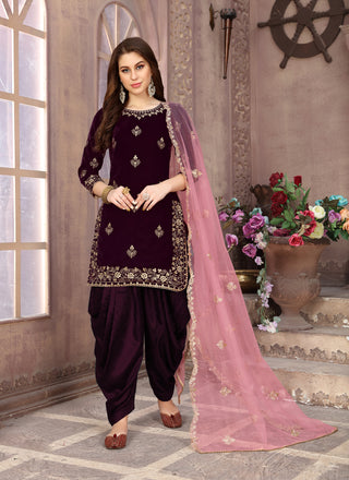 Monjolika Fashion Stunning Wine Color Velvet Embroidery Patiala Suit