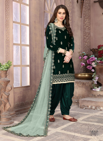 Monjolika Fashion Stunning Dark Green Color Velvet Embroidery Patiala Suit - Distacart